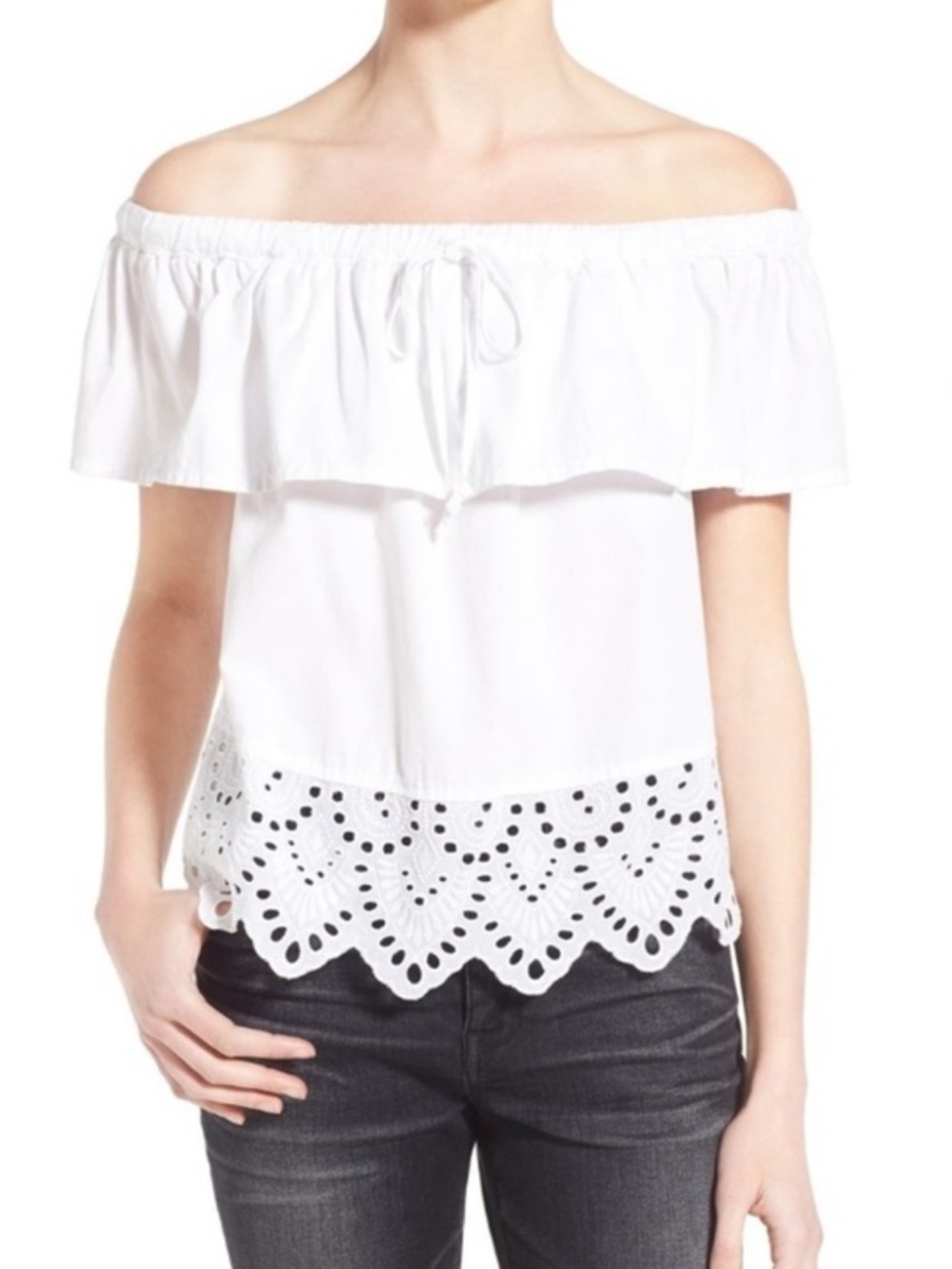 Madewell Balcony Eyelet Off the Shoulder Top - White - Cotton Flowy Boho Airy